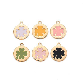 Brass Enamel Charms, Nickel Free, Flat Round with Clover, Mixed Color
