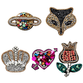 Fingerinspire 5Pcs 5 Style Computerized Embroidery Cloth Sew On Patches, Costume Accessories, Appliques, with Rhinestone, Heart & Rose & Planet & Fox & Crown