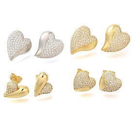 Серьги-гвоздики с прозрачным паве из латуни с кубическим цирконием, сердце, слева и справа