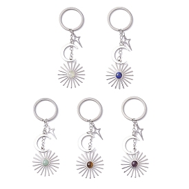 Stainless Steel with Natural Gemstone Pendants Keychain, 304 Stainless Steel Keychain Ring