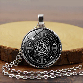 Pagan Wheel Pentagram Witch Necklace Women's Versatile Time Gemstone Glass Pendant Sweater Chain Necklace