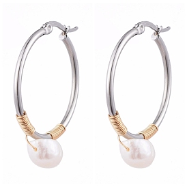 Wire Wrapped 201 Stainless Steel Big Hoop Earrings, with Natural Baroque Pearl Keshi Pearl Beads, Ring Shape
