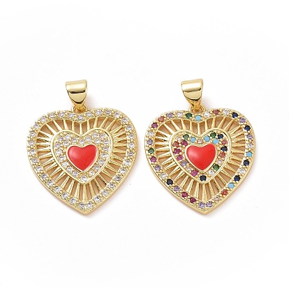 Brass Cubic Zirconia Pendants, Cadmium Free & Lead Free, with Enamel, Heart Charm
