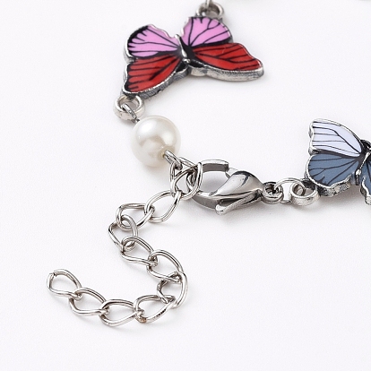 Link Bracelets, with Glass Pearl, Alloy Enamel Links, Iron Twisted Chains and 304 Stainless Steel Lobster Claw Clasps, Butterfly