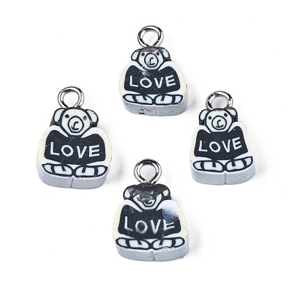 Handmade Polymer Clay Charms, with Platinum Tone Iron Loop, Bear with Word LOVE