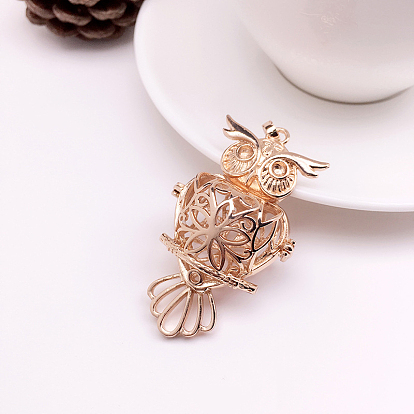 Brass Bead Cage Pendants, Hollow Owl Charms, for Chime Ball Pendant Necklaces Making