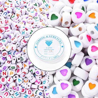 1000Pcs Opaque Acrylic Beads, with 1roll Clear Elastic Crystal Thread, for DIY Children's Day Themed Bracelets Making Kits, Flat Round with Letter & Heart