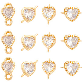 24Pcs 4 Styles Brass Pave Clear Cubic Zirconia Links, Heart