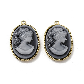 304 Stainless Steel Pendants, Oval Resin Cameo Lady Charms, Gray