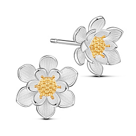 Shegrace adorables 925 pendientes de plata de ley, flor de loto con capullo de tono dorado, 10 mm, pin: 0.8 mm