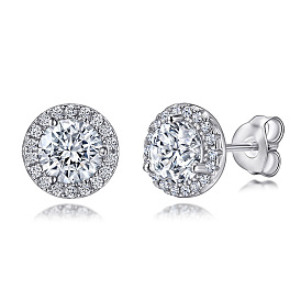 925 Sterling Silver Micro Pave Cubic Zirconia Stud Earrings, Flat Round