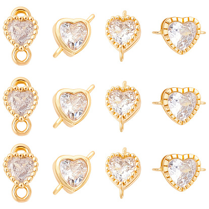 24Pcs 4 Styles Brass Pave Clear Cubic Zirconia Links, Heart