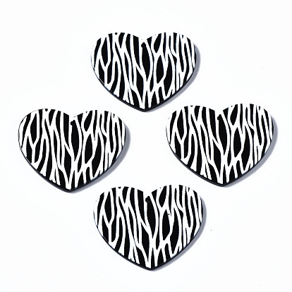 3D Printed Acrylic Pendants, Heart with Zebra Stripe Pattern, Black and White