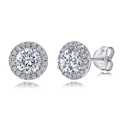 925 Sterling Silver Micro Pave Cubic Zirconia Stud Earrings, Flat Round