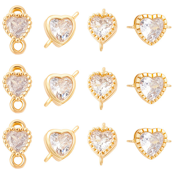 24Pcs 4 Styles Brass Pave Clear Cubic Zirconia Links, Heart
