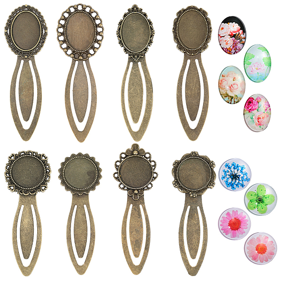 Наборы для самостоятельного изготовления овальных и плоских круглых закладок, включая закладки из цинкового сплава и стеклянные кабошоны.