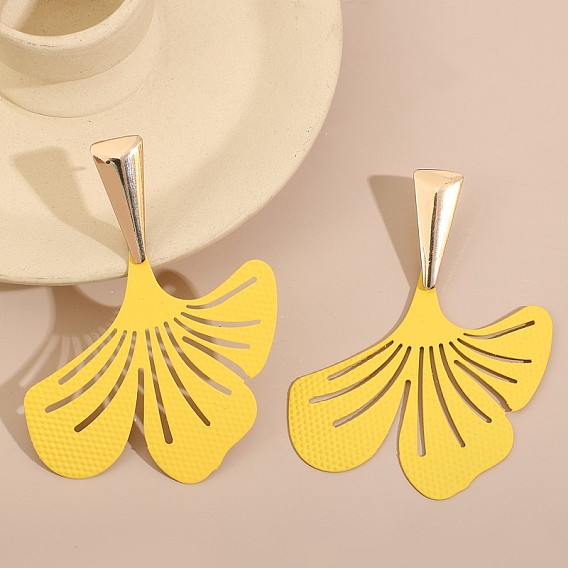 Baking Paint Alloy Gingko Leaf Stud Earrings for Women, Golden