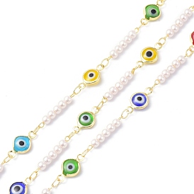 Evil Eye Glass & Brass & ABS Imitation Pearl Handmade Beaded Chains, Long-Lasting Plated, Soldered, with Spool