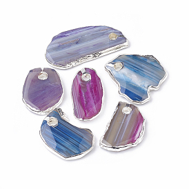 Natural Agate Pendants, Edge Platinum Plated, Nuggets, Dyed
