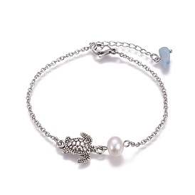 Lien bracelets en acier inoxydable, avec perles nacrées, perles et alliages naturels aigue-marine, tortue de mer