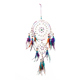 Iron Woven Web/Net with Feather Pendant Decorations, with Wood Beads, Covered with  Cotton Cord, Resin Flower, Flat Round