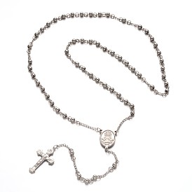 304 Stainless Steel Rosary Bead Necklaces, with Oval Link, Cross Pendant and Lobster Clasps