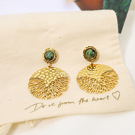 Retro Ethnic Natural Stone Titanium Steel Earrings - Exaggerated Design, European and American Style