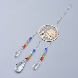 Crystals Chandelier Suncatchers Prisms Chakra Hanging Pendant, with Glass Beads and Brass Pendants, Flat Round with Rose