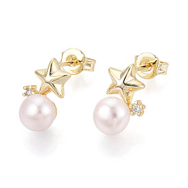 Серьги-гвоздики из латуни с микро-паве и прозрачным кубическим цирконием, с натуральной жемчужиной