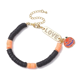 Handmade Polymer Clay Beaded Bracelets, Halloween Pumpkin Alloy Enamel Charm Bracelets for Women Men