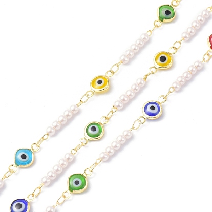 Evil Eye Glass & Brass & ABS Imitation Pearl Handmade Beaded Chains, Long-Lasting Plated, Soldered, with Spool