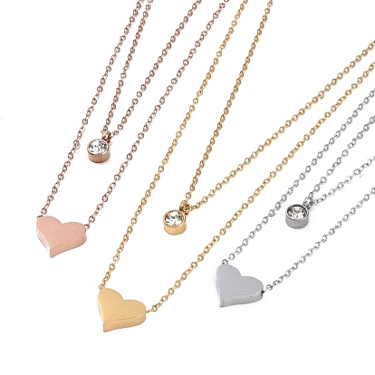 Ионное покрытие (IP) 304 кабельные ожерелья из нержавеющей стали, Ожерелья-подвески в форме сердца и плоской формы со стразами для женщин