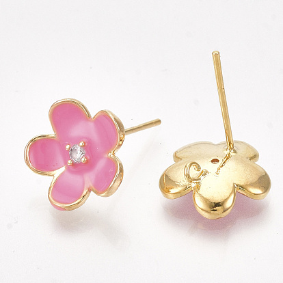 Brass Cubic Zirconia Stud Earring Findings, Nickel Free, Real 18K Gold Plated, with Loop and Enamel, Flower, Hot Pink