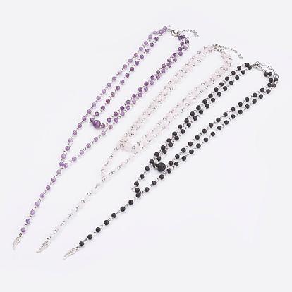 Натуральные драгоценные камни lariat ожерелья, с накладками из нержавеющей стали и прелестями сплава, упаковочная коробка