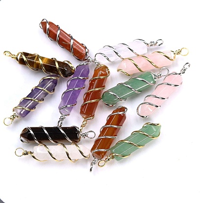 Natural Gemstone Copper Wire Wrapped Pointed Pendants, Faceted Bullet Charms