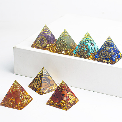 Chakra Theme Orgonite Pyramid Resin Energy Generators, Reiki Gemstone Chips Inside for Home Office Desk Decoration
