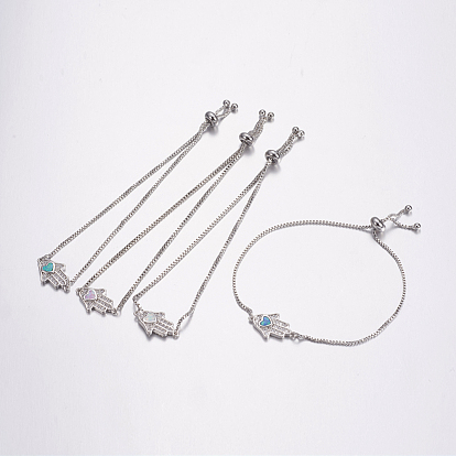 Adjustable Brass Bolo Bracelets, Slider Bracelets, with Synthetic Opal and Cubic Zirconia, Hamsa Hand/Hand of Fatima/Hand of Miriam