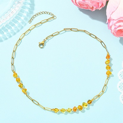 304 Цепочки из нержавеющей стали в виде скрепок с бусинами из натуральных янтарных самородков