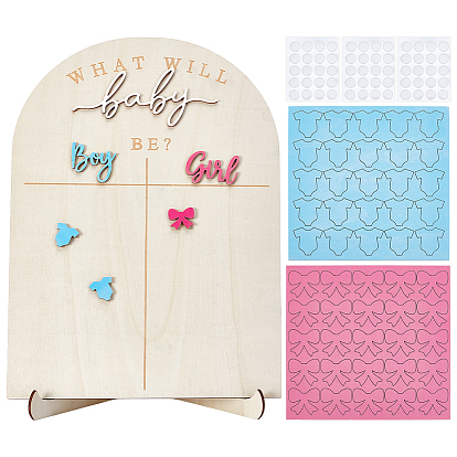 Tablero de votación de madera con forma de arco para revelar el sexo del bebé, con soporte y pegatina para votar niña o niño.