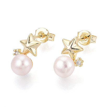 Серьги-гвоздики из латуни с микро-паве и прозрачным кубическим цирконием, с натуральной жемчужиной