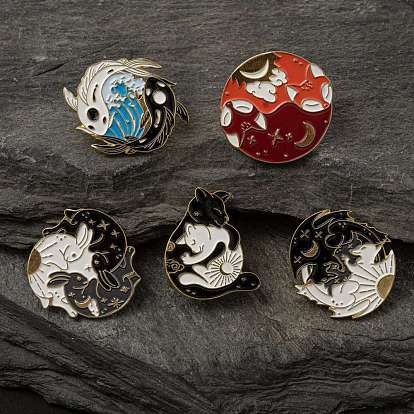 5Pcs 5 Style Creative Zinc Alloy Brooches, Enamel Pin, with Iron Butterfly Clutches or Rubber Clutches, Flat Round & Fish & Fox & Rabbit, Golden