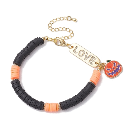 Pulseras de cuentas de arcilla polimérica hechos a mano, Pulseras con dijes de esmalte de aleación de calabaza de Halloween para mujeres y hombres