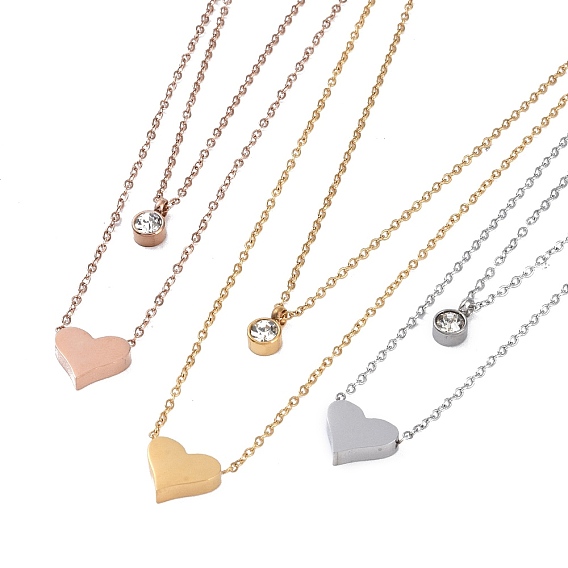 Ионное покрытие (IP) 304 кабельные ожерелья из нержавеющей стали, Ожерелья-подвески в форме сердца и плоской формы со стразами для женщин