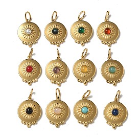 Ion Plating(IP) 304 Stainless Steel with Natural & Synthetic Gemstone Pendants, Real 14K Gold Plated, Mixed Dyed and Undyed, Flat Round Charm