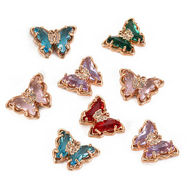 Glass Pendants, with Brass Micro Pave Cubic Zirconia, Faceted, Butterfly, Light Gold