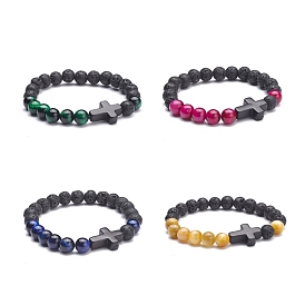 Cross Beads Stretch Bracelets Set for Women, Natural Tiger Eye & Lava Rock & Synthetic Turquoise(Dyed) Beads Oil Diffuser Bracelets