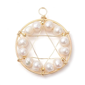 Natural Cultured Freshwater Pearl Round Beaded Ring Pendants, Copper Wire Wrapped Star of David Charms