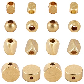 CHGCRAFT 56Pcs 4 Style Matte Style Brass Beads, Long-Lasting Plated, Flat Round & Cuboid & Round & Twist Oval