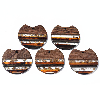 Transparent Resin & Walnut Wood Pendants, with Gold Foil, Gap Flat Round