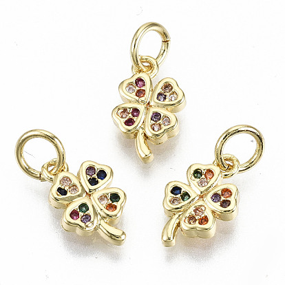 Brass Micro Pave Colorful Cubic Zirconia Charms, with Jump Rings, Nickel Free, Clover